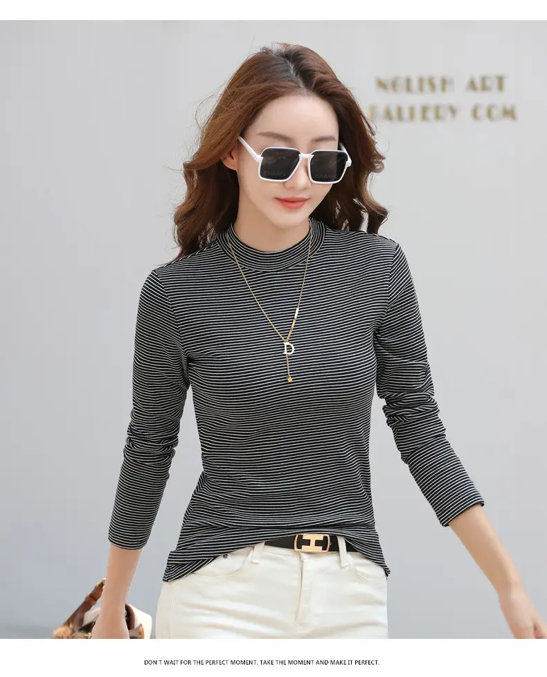 Women Green Striped Mock High Collar Top — feature 8