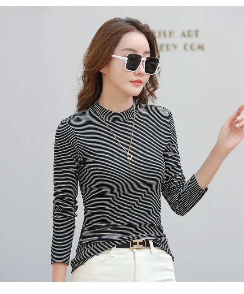 Women Green Striped Mock High Collar Top — feature 9