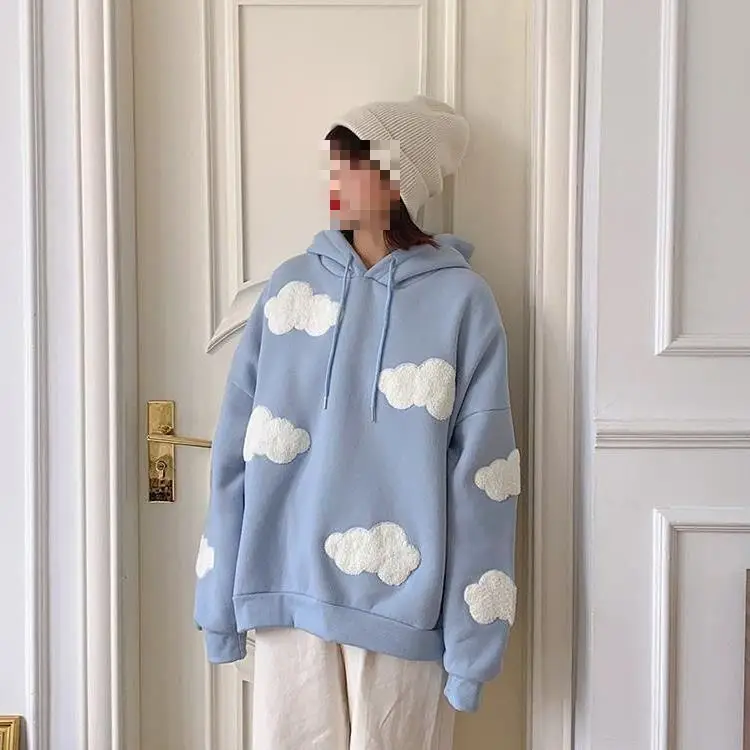 Women Fleece Hoodie Blue Cloud Print Loose Fit