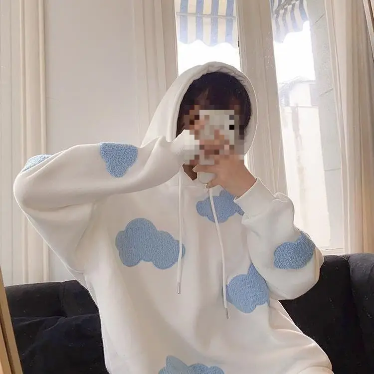 Women Fleece Hoodie Blue Cloud Print Loose Fit