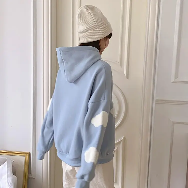 Women Fleece Hoodie Blue Cloud Print Loose Fit — feature 10