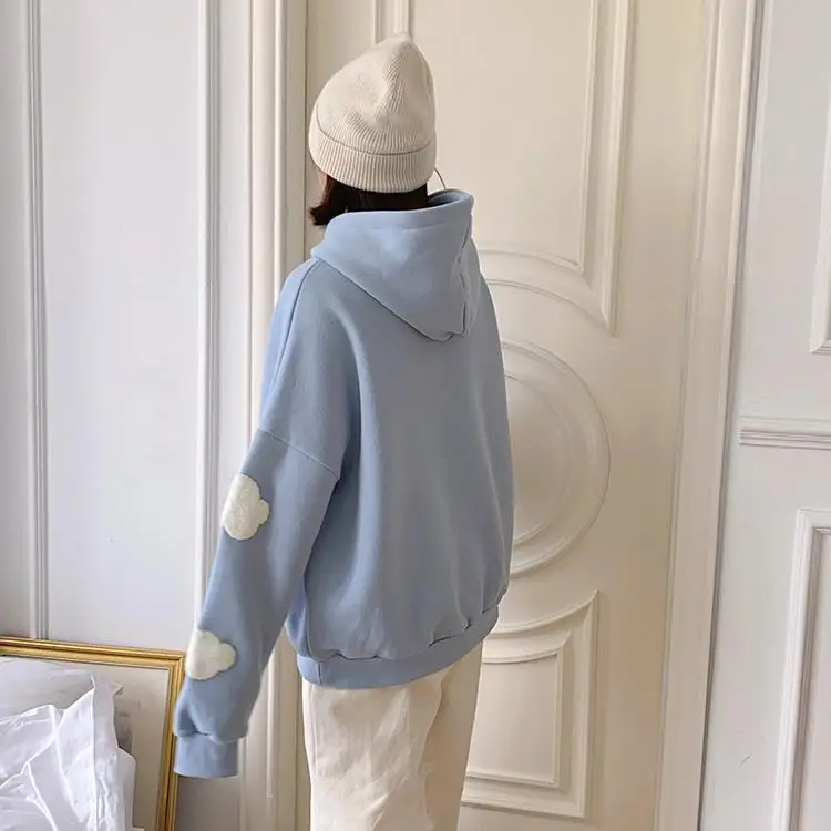 Women Fleece Hoodie Blue Cloud Print Loose Fit — feature 11