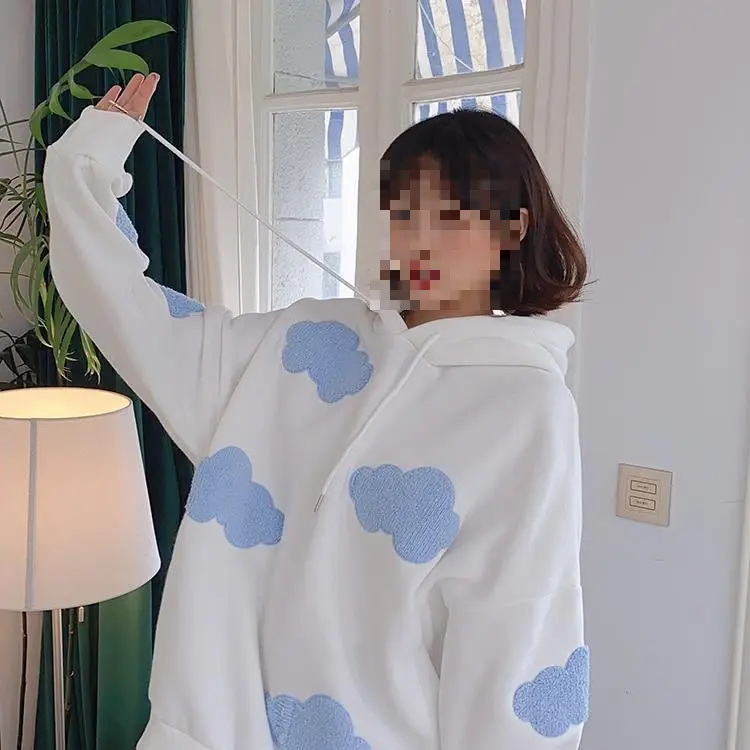 Women Fleece Hoodie Blue Cloud Print Loose Fit — feature 13
