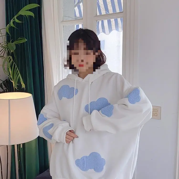 Women Fleece Hoodie Blue Cloud Print Loose Fit — feature 14