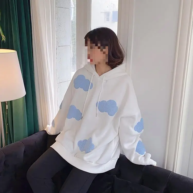 Women Fleece Hoodie Blue Cloud Print Loose Fit — feature 15