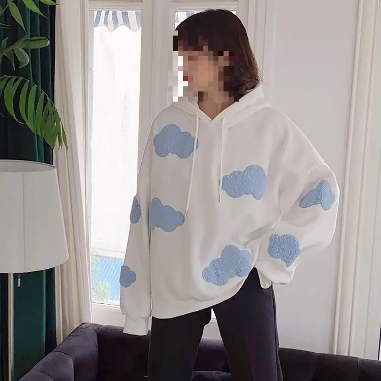 Women Fleece Hoodie Blue Cloud Print Loose Fit — feature 16