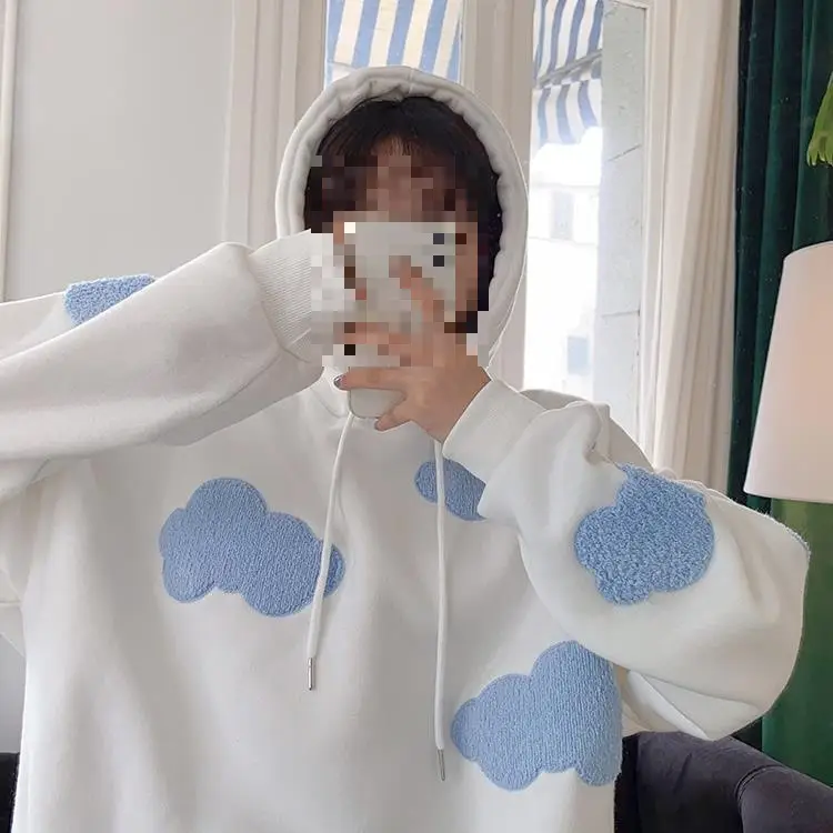 Women Fleece Hoodie Blue Cloud Print Loose Fit — feature 18