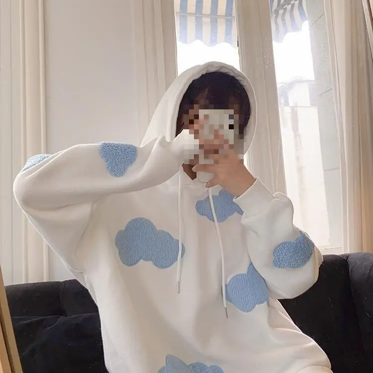 Women Fleece Hoodie Blue Cloud Print Loose Fit — feature 19