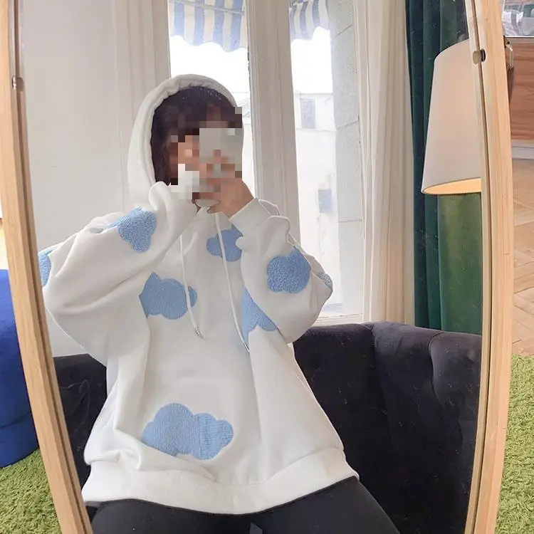 Women Fleece Hoodie Blue Cloud Print Loose Fit — feature 20