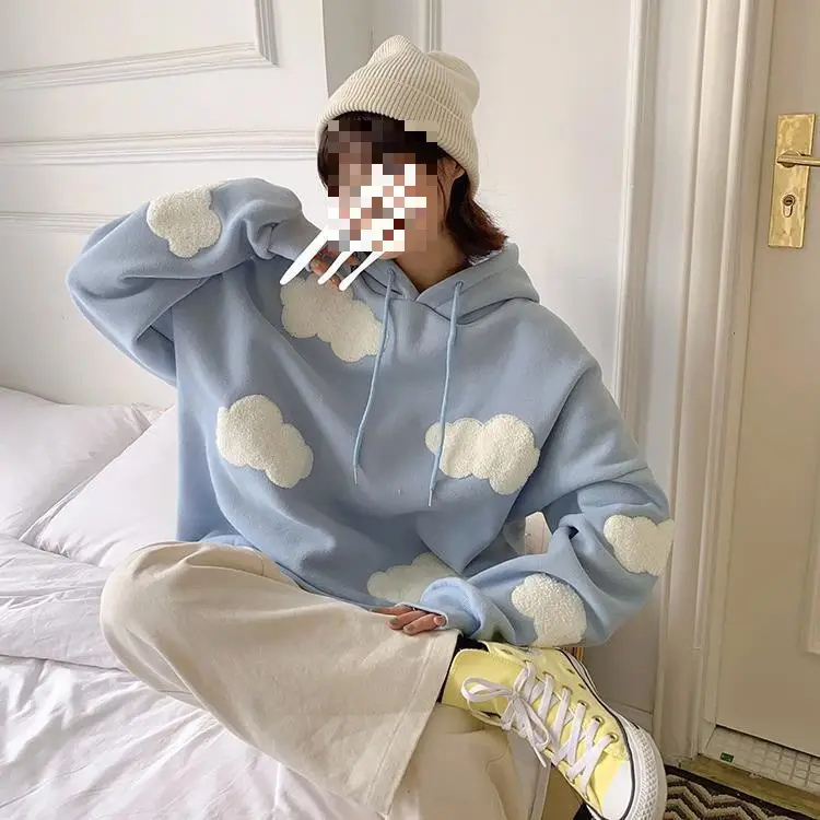 Women Fleece Hoodie Blue Cloud Print Loose Fit — feature 5