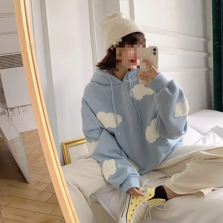 Women Fleece Hoodie Blue Cloud Print Loose Fit — feature 6