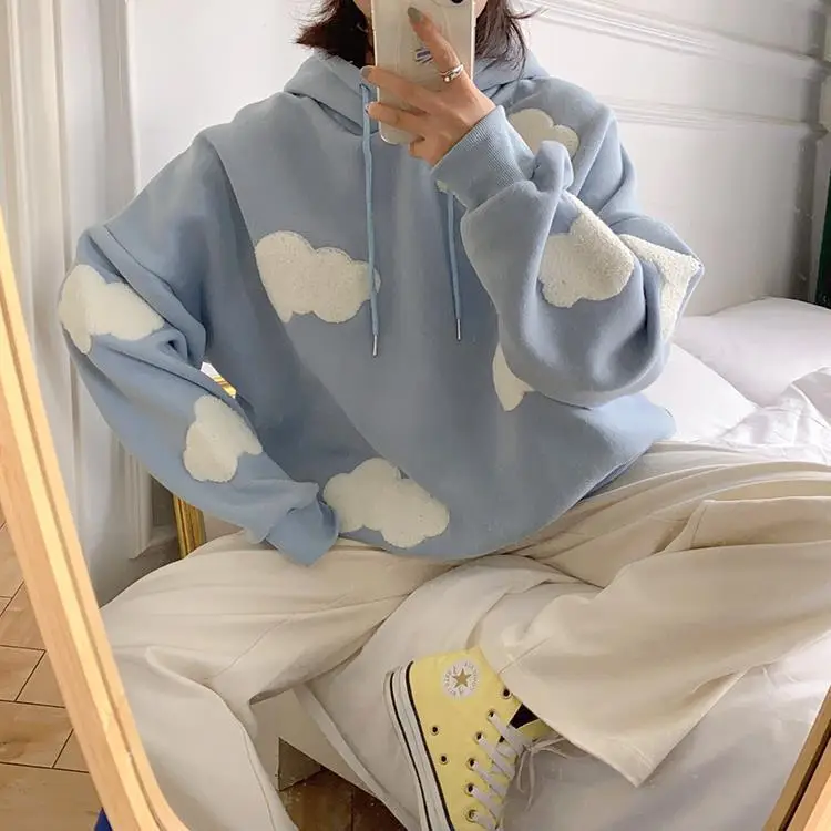 Women Fleece Hoodie Blue Cloud Print Loose Fit — feature 7