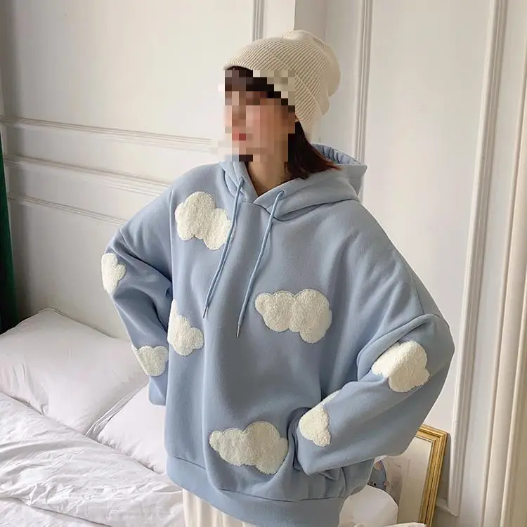 Women Fleece Hoodie Blue Cloud Print Loose Fit — feature 8