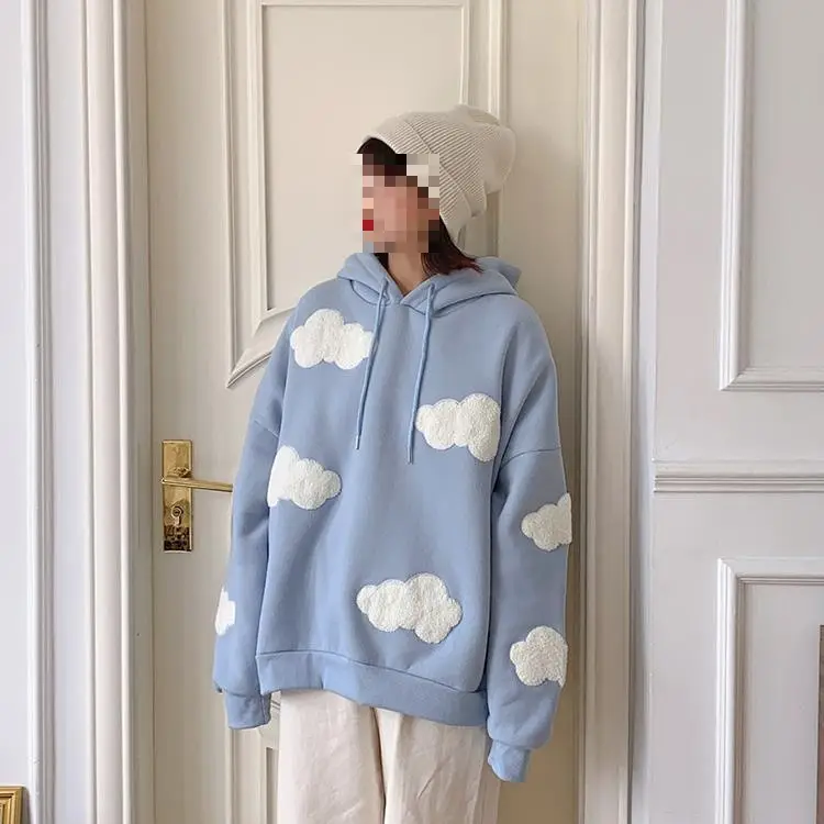 Women Fleece Hoodie Blue Cloud Print Loose Fit — feature 9