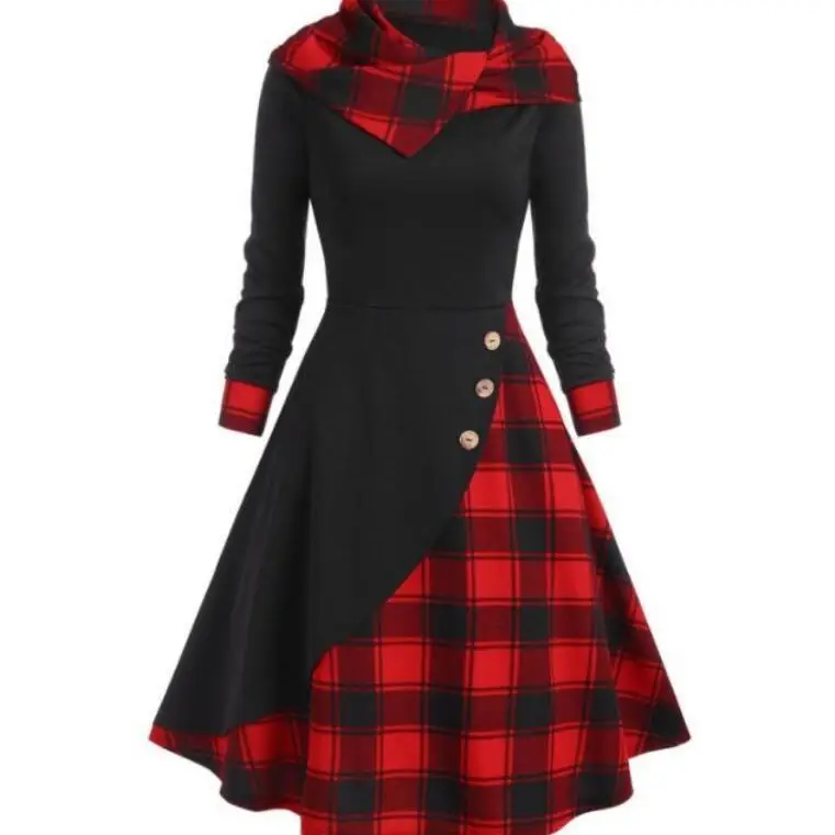 2023 Black Plaid Hooded Dress with Long Sleeves - Image 5