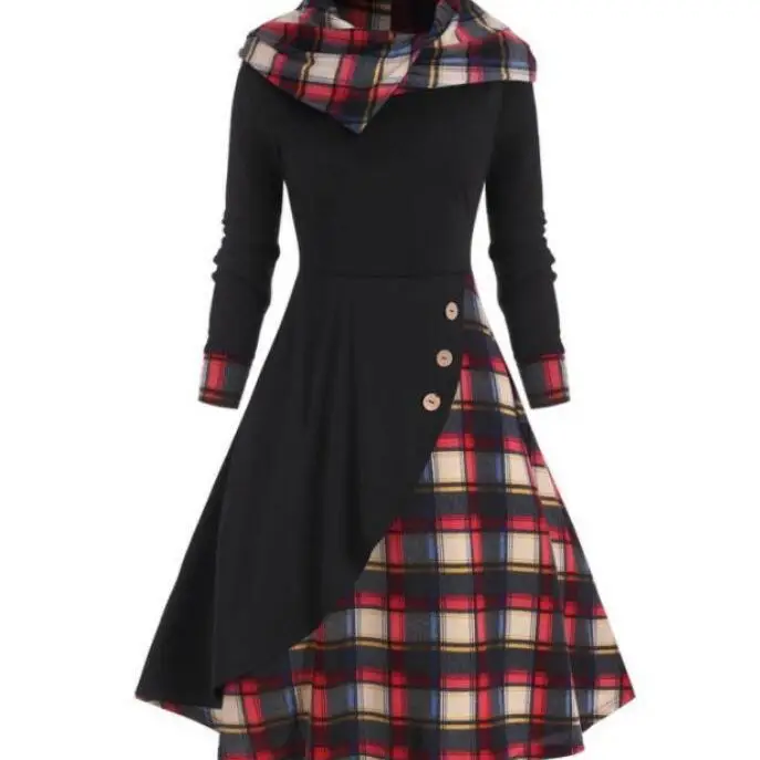 2023 Black Plaid Hooded Dress with Long Sleeves - Image 6