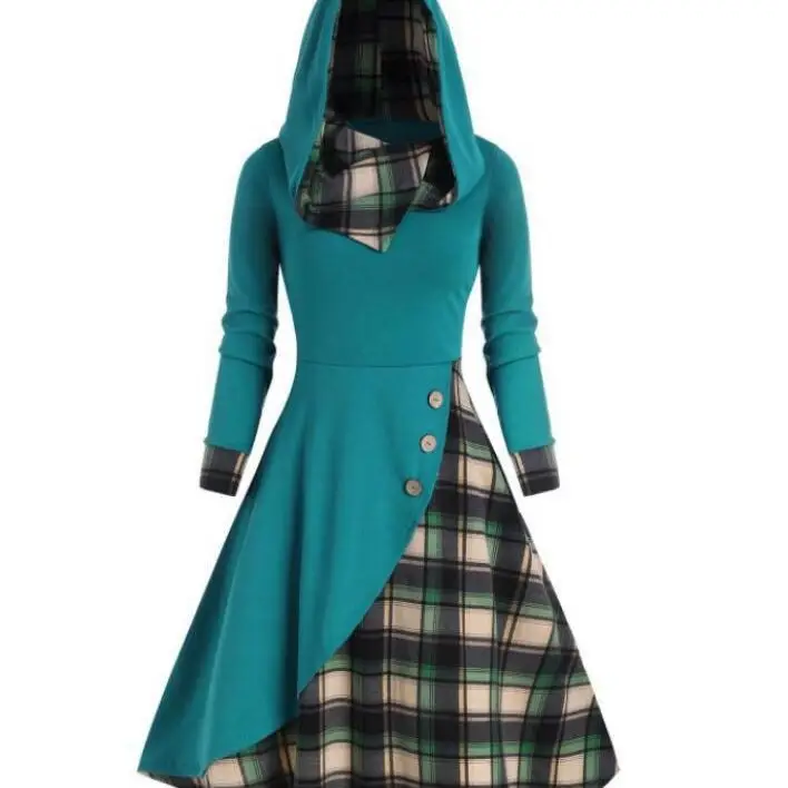 2023 Black Plaid Hooded Dress with Long Sleeves - Image 8