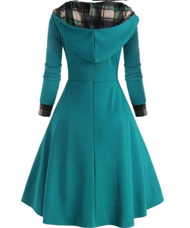 2023 Black Plaid Hooded Dress with Long Sleeves — feature 11
