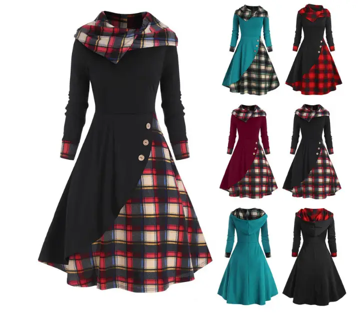 2023 Black Plaid Hooded Dress with Long Sleeves — feature 12