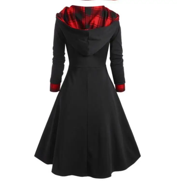 2023 Black Plaid Hooded Dress with Long Sleeves — feature 2