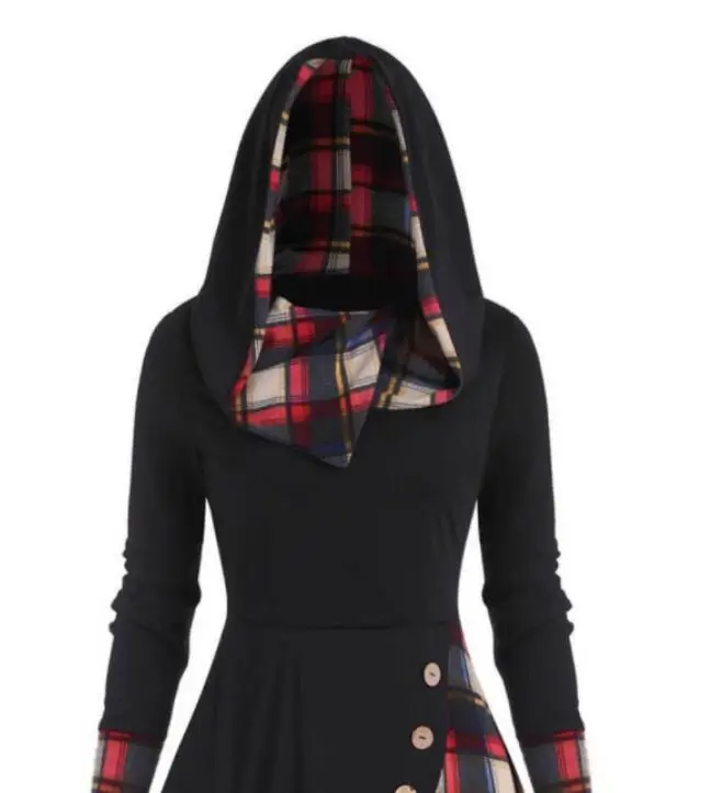 2023 Black Plaid Hooded Dress with Long Sleeves — feature 4