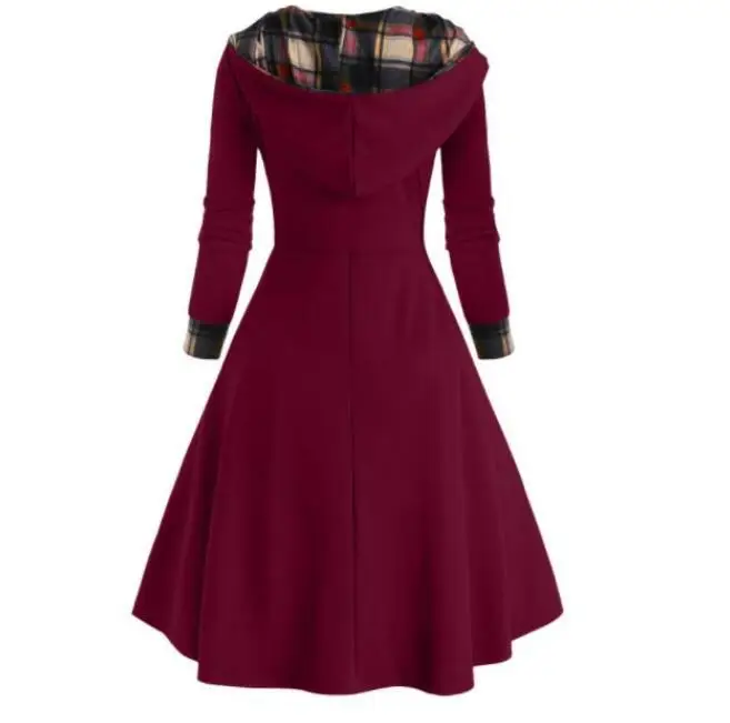2023 Black Plaid Hooded Dress with Long Sleeves — feature 7