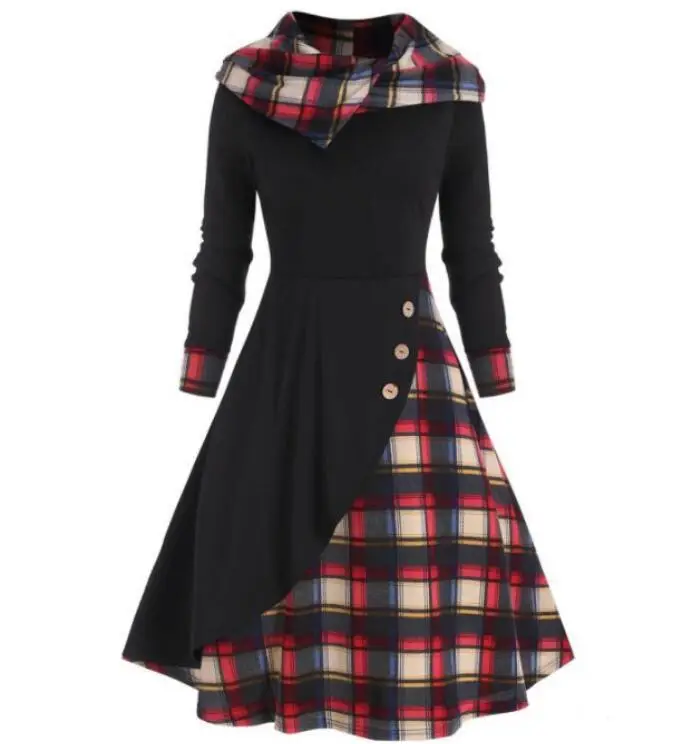2023 Black Plaid Hooded Dress with Long Sleeves - Image 2