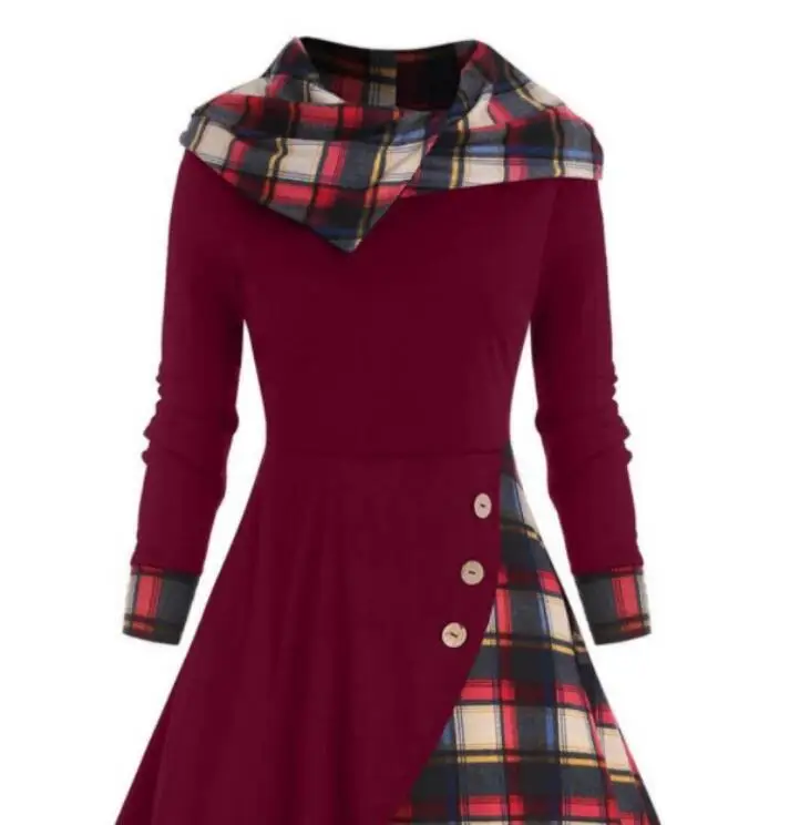 2023 Black Plaid Hooded Dress with Long Sleeves - Image 3