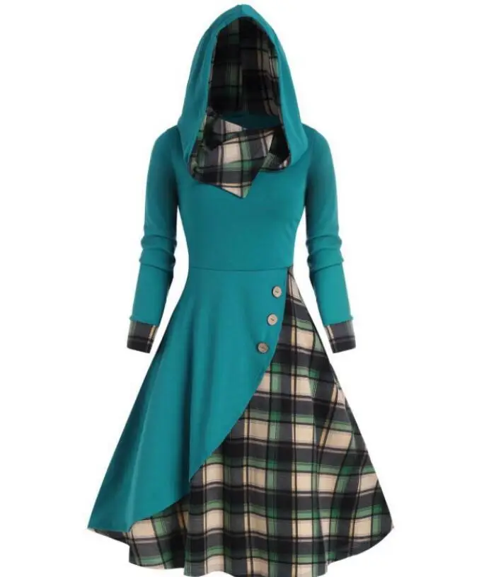 2023 Black Plaid Hooded Dress with Long Sleeves - Image 4