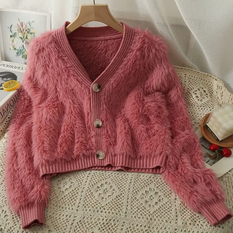 Faux Mink Velvet Short Cardigan for Women Pink - Image 6