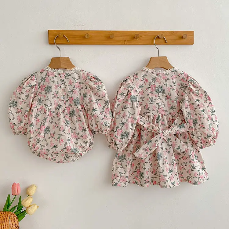 Pink Floral Puff Sleeve Romper for Girls - Image 3
