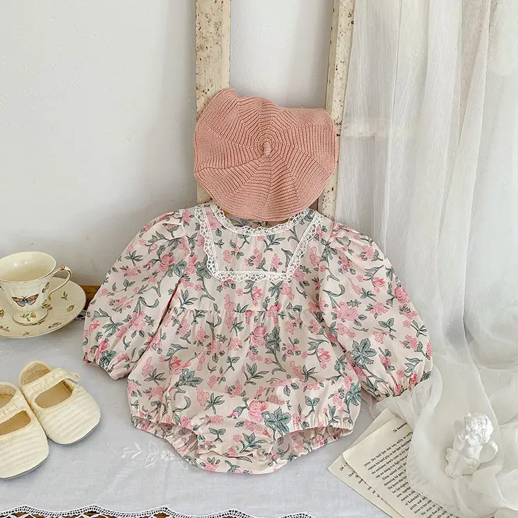 Pink Floral Puff Sleeve Romper for Girls - Image 4