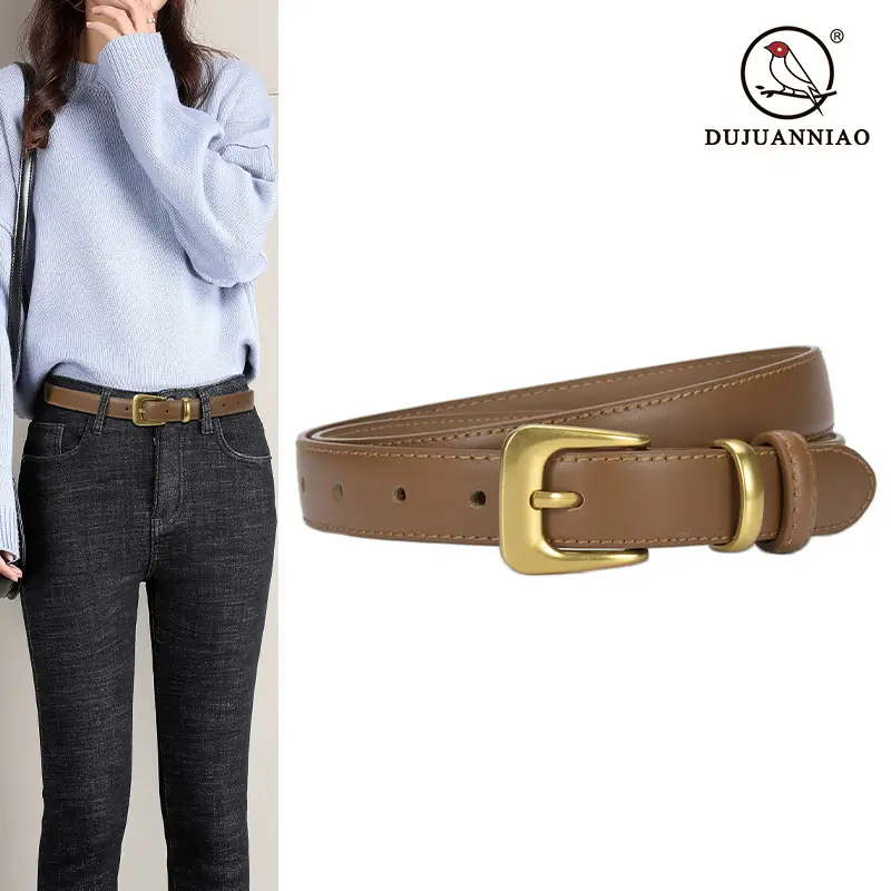 Women's Brown Genuine Leather Belt with Gold Buckle - Image 11