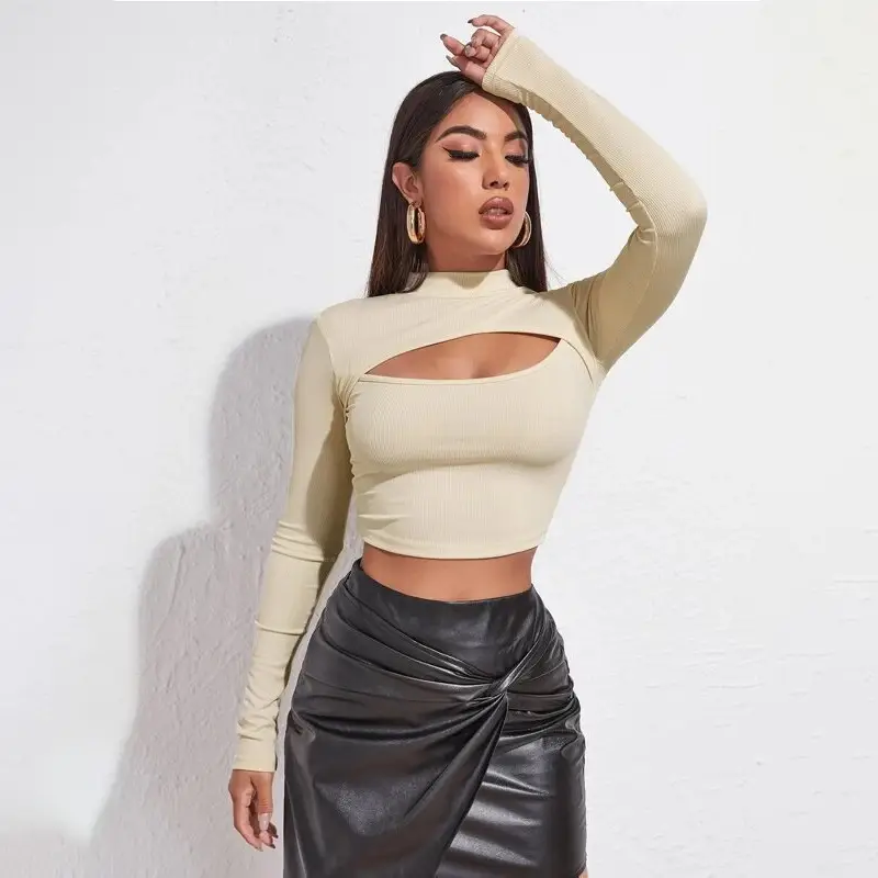 Women Long Sleeve T-Shirt with Hollow Out Chest & Slim Fit