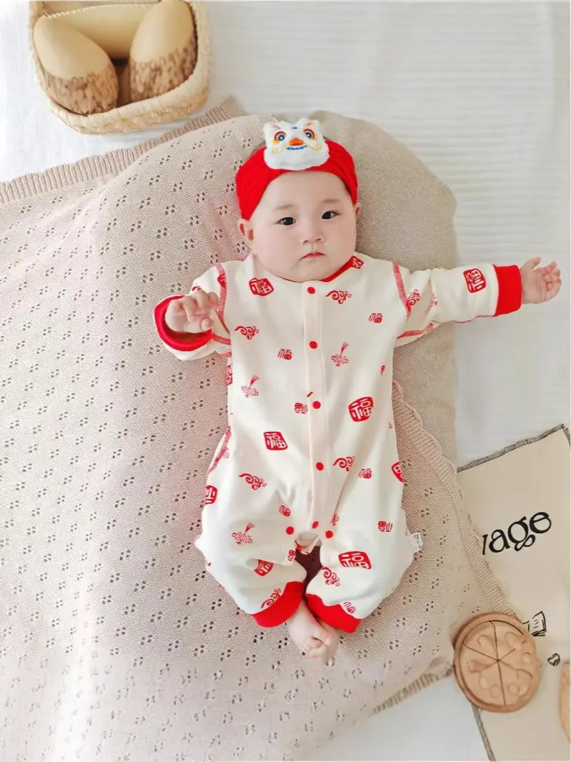 Baby Cotton Red White Four Season Jumpsuit for Newborns - Image 6