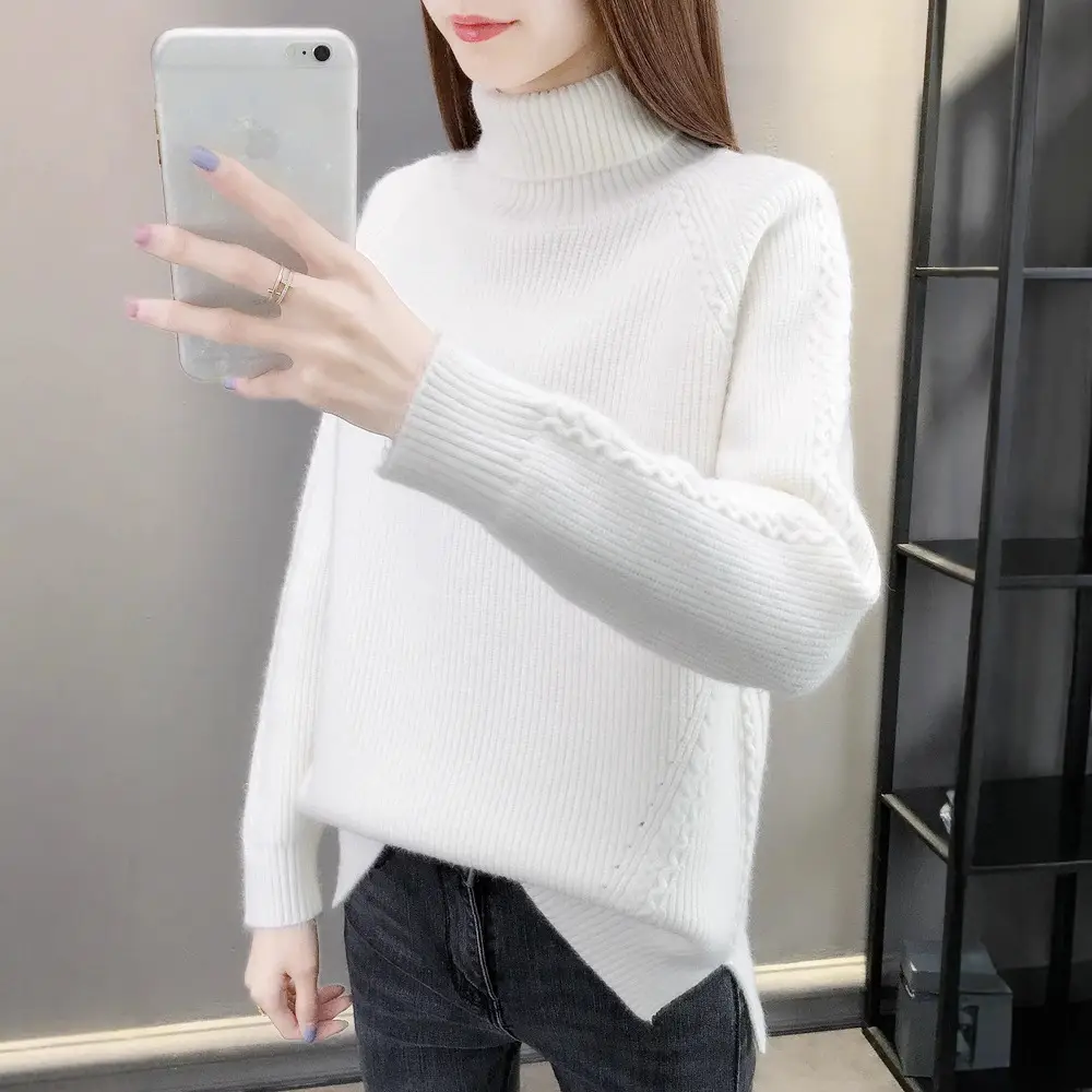 Women's Beige Turtleneck Knitted Sweater Winter Warm - Image 4