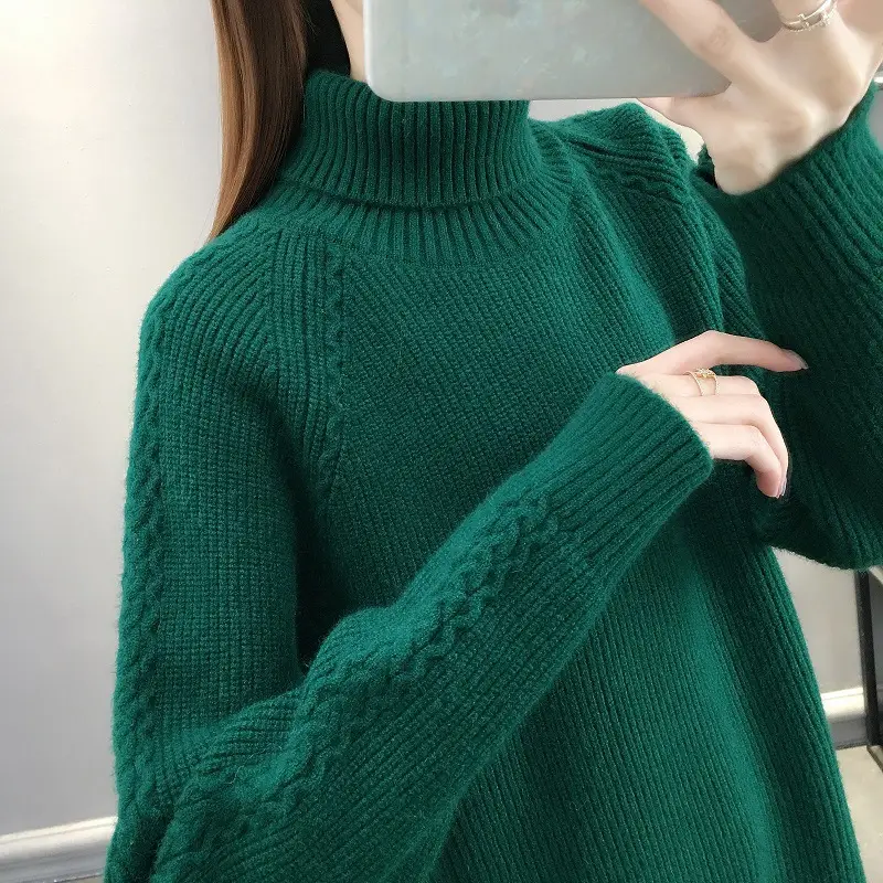 Women's Beige Turtleneck Knitted Sweater Winter Warm - Image 2
