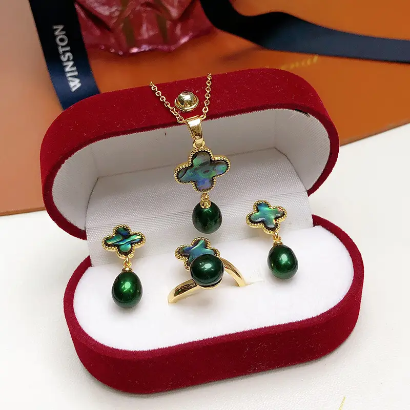 Gold Plated Pearl Flower Earrings Set with Necklace - Image 4