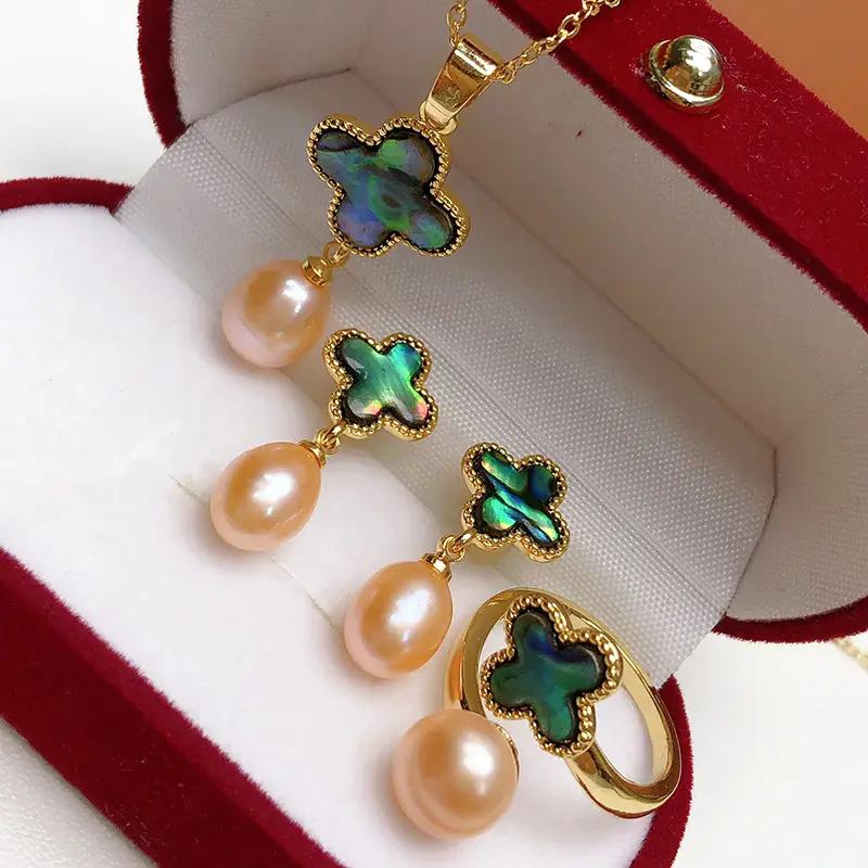 Gold Plated Pearl Flower Earrings Set with Necklace - Image 3