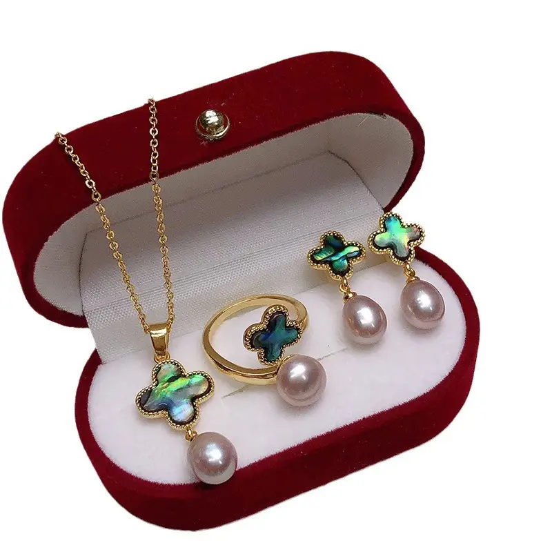Gold Plated Pearl Flower Earrings Set with Necklace - Image 7