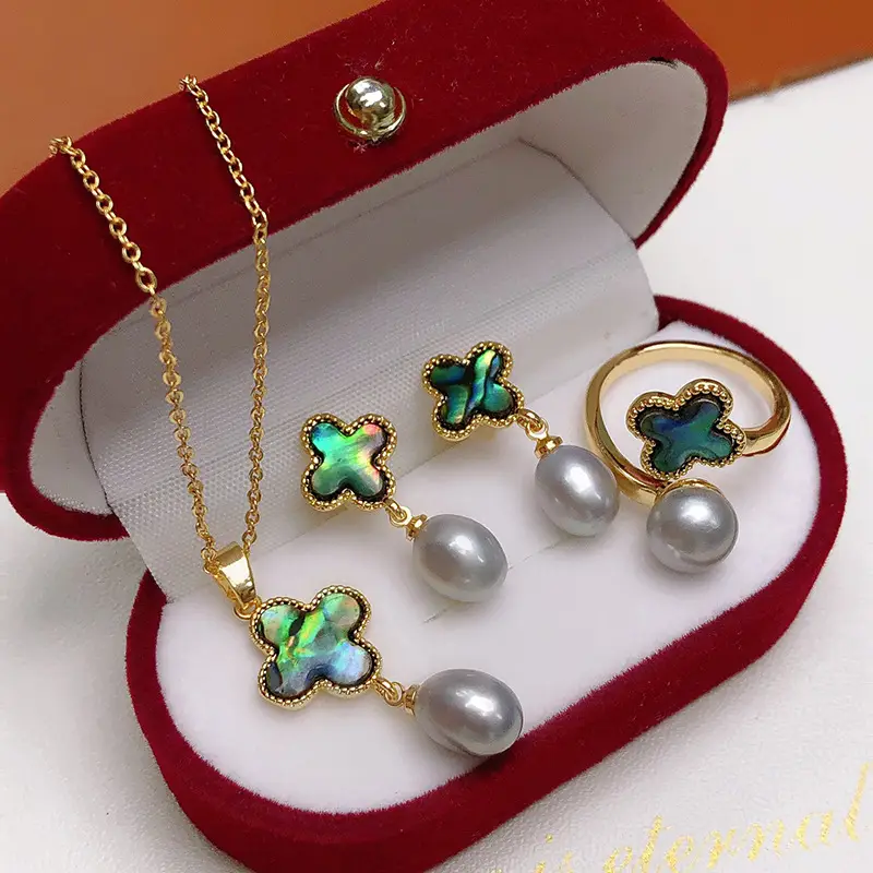 Gold Plated Pearl Flower Earrings Set with Necklace - Image 5