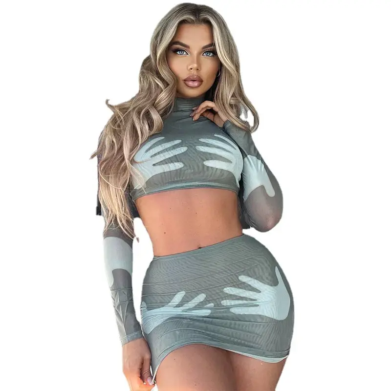 Women's 2022 Winter Printed Navel Top & Skirt Set