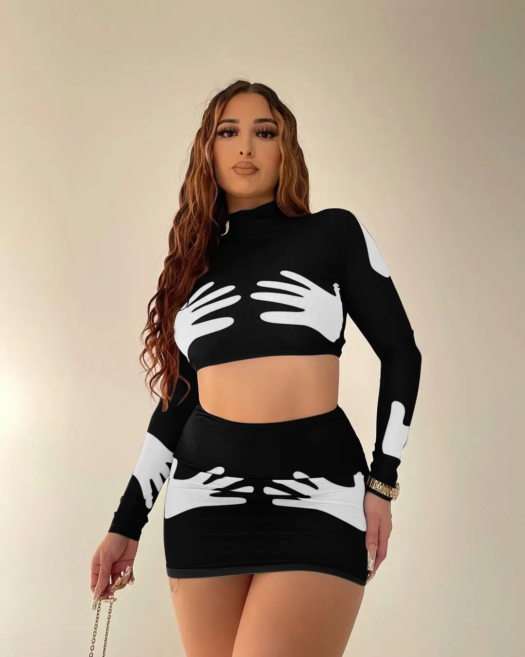 Women's 2022 Winter Printed Navel Top & Skirt Set