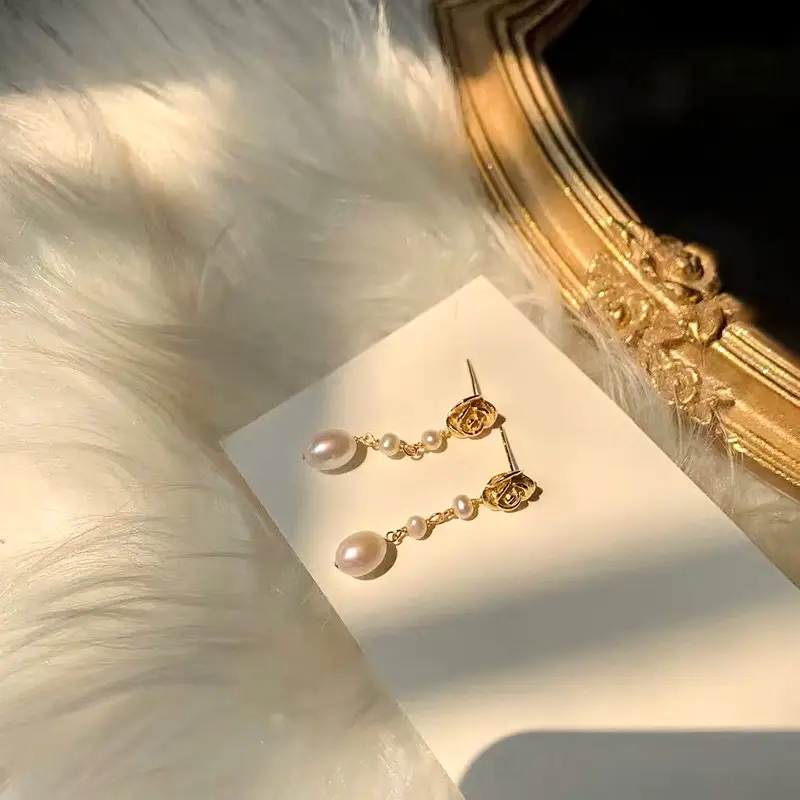 Vintage Pearl Earrings Long Rose Design Gold Plated - Image 3