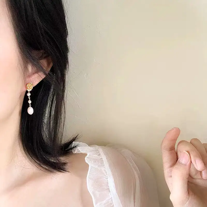 Vintage Pearl Earrings Long Rose Design Gold Plated - Image 4