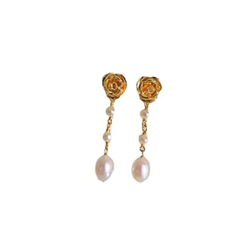 Vintage Pearl Earrings Long Rose Design Gold Plated - Image 5