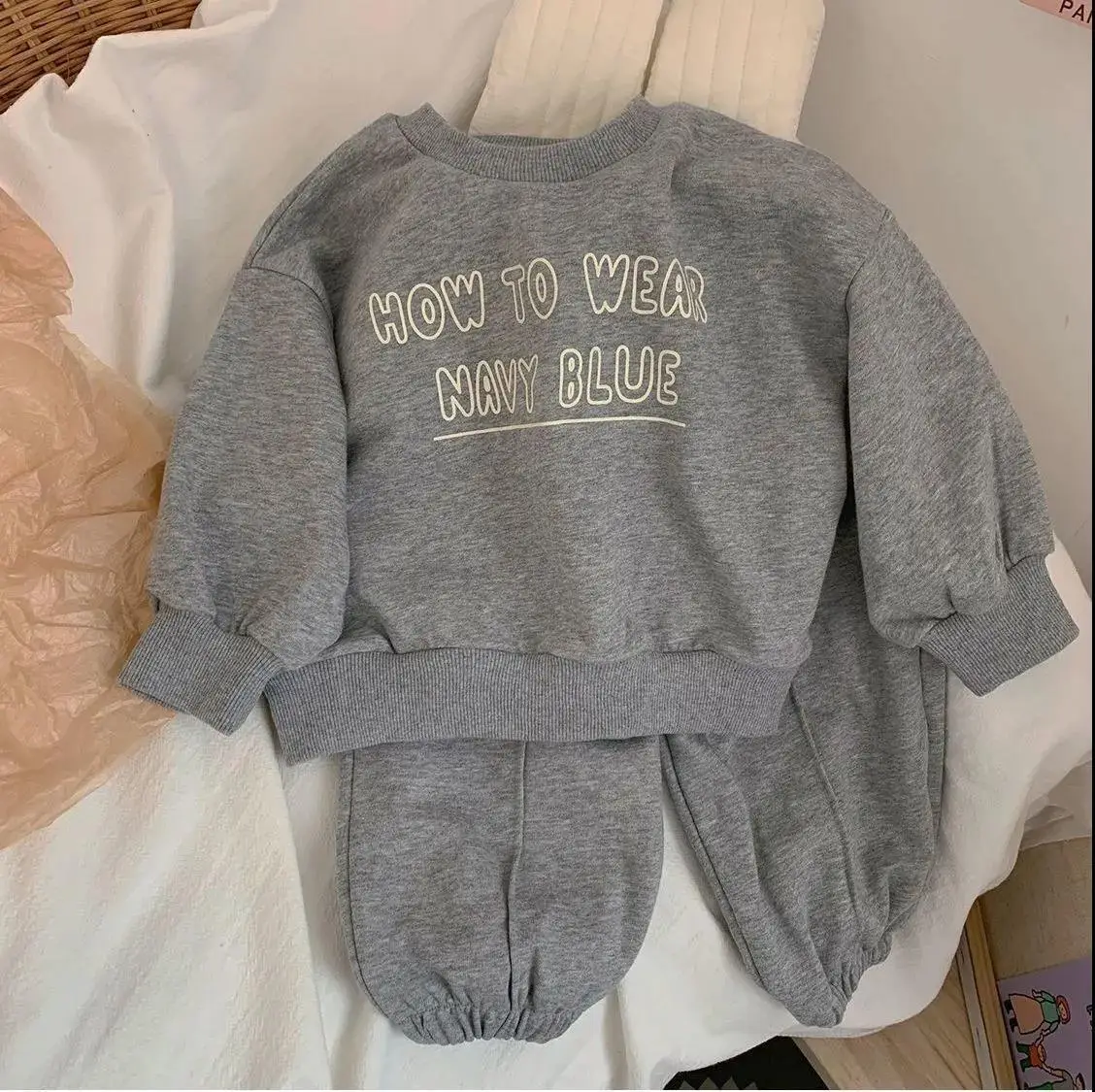 Blue Korean Style Fleece Two-Piece Suit for Boys Girls — feature 2