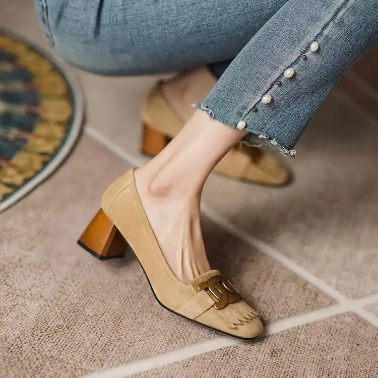 Women French Style Square Toe High Heels Blue Metal Buckle