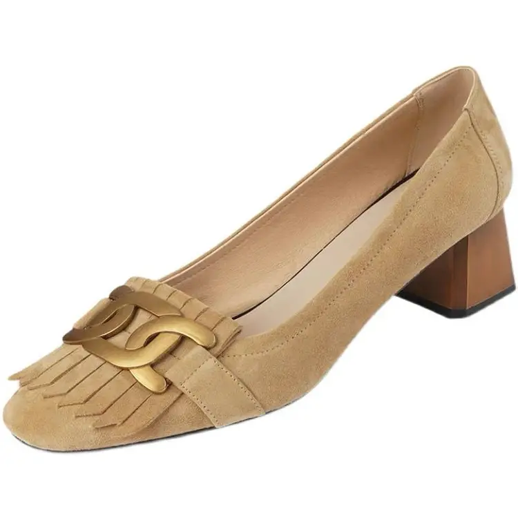 Women French Style Square Toe High Heels Blue Metal Buckle
