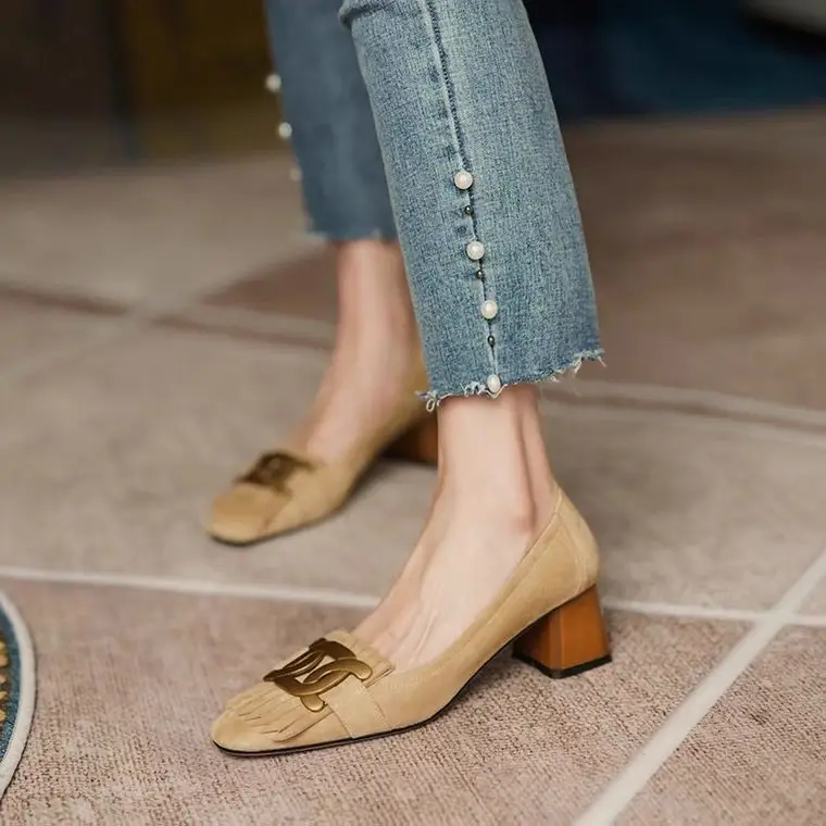 Women French Style Square Toe High Heels Blue Metal Buckle